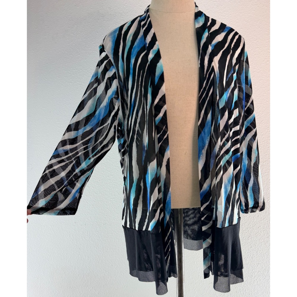 Chicos Travelers Zebra Mesh Knit Cardigan Nylon Blue Black Open Front Y2K Indie